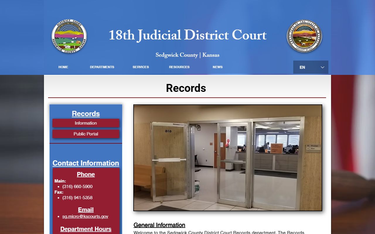 Sedgwick County court records department page with portal links and contact block