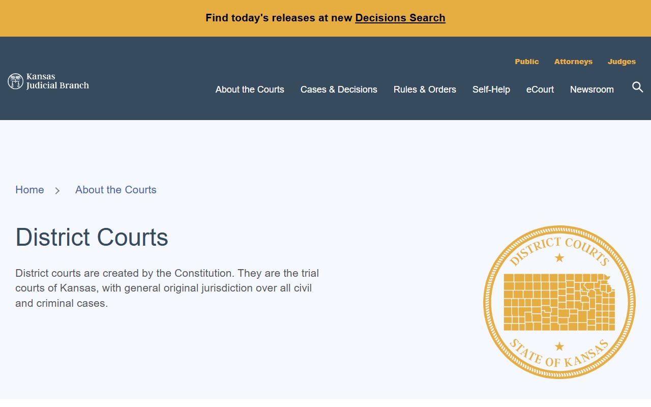 Kansas district courts page describing the Sedgwick County trial court that holds court records