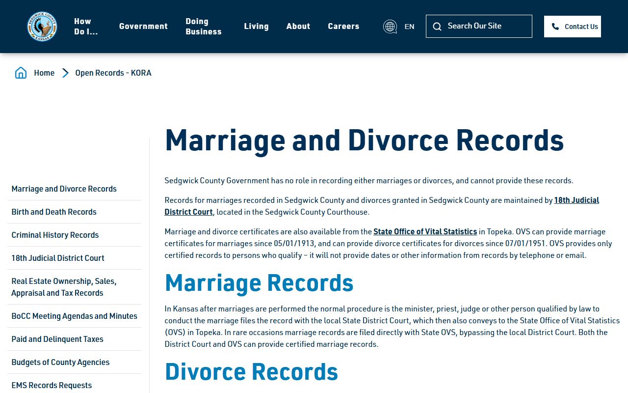 Sedgwick County marriage and divorce records pointer to the District Court clerk