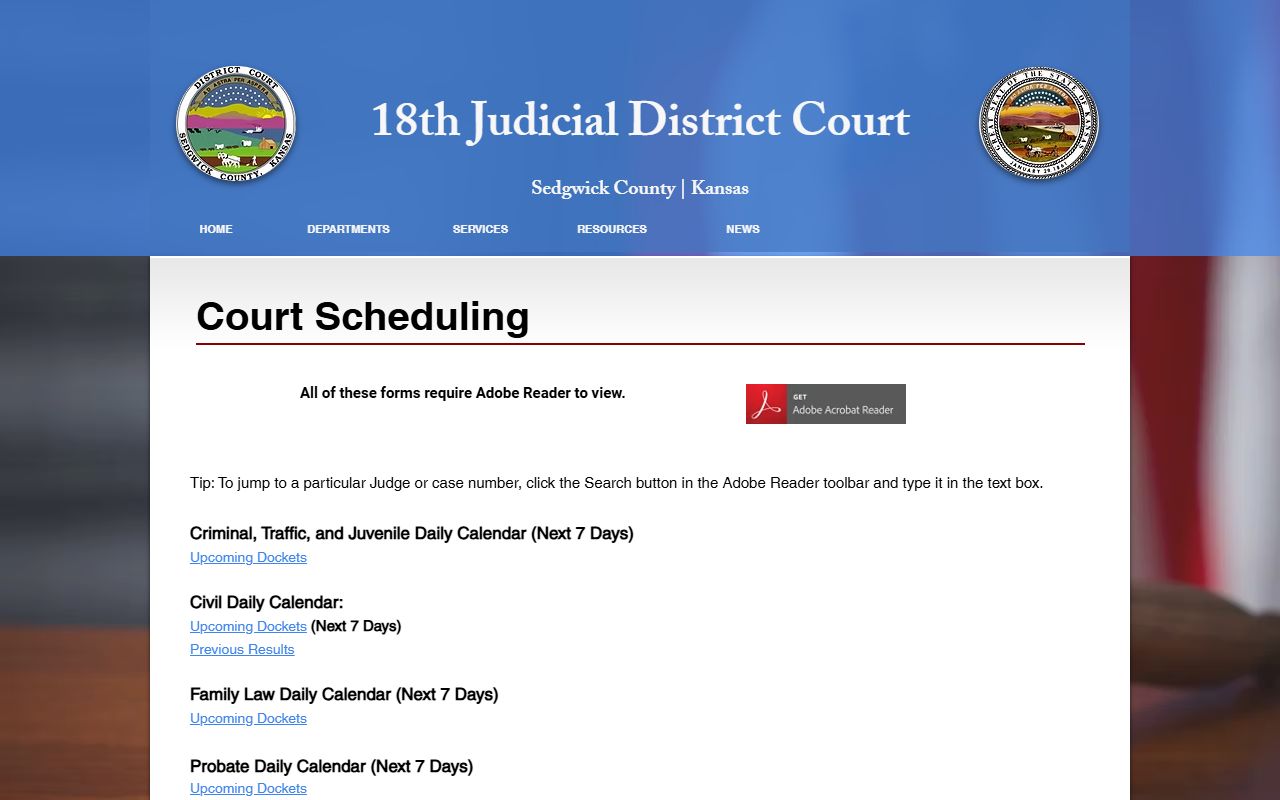 Sedgwick County court schedule page linking docket calendars by case type