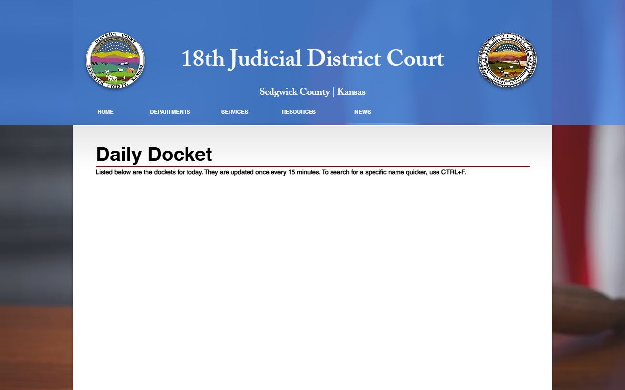 Sedgwick County daily court docket page that updates every 15 minutes