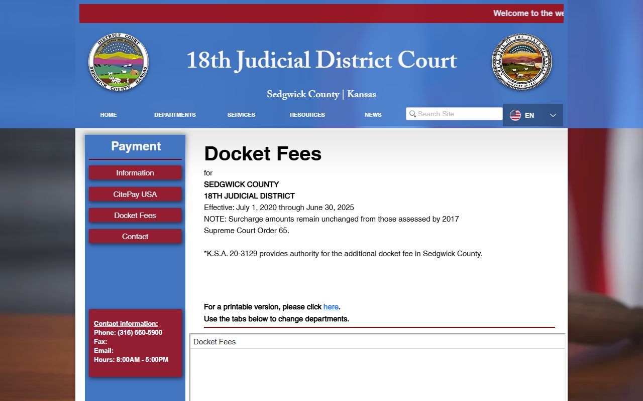 Sedgwick County court docket fees schedule from DC18