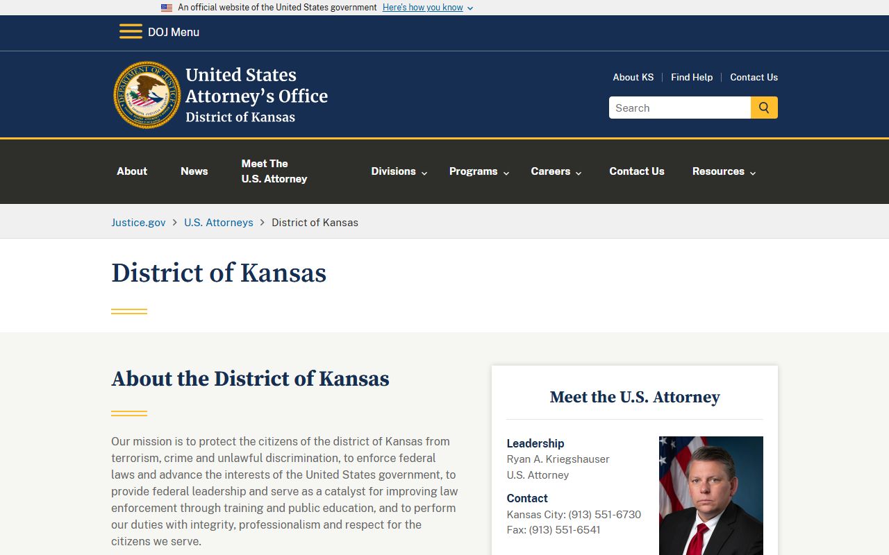 U.S. Attorney District of Kansas page for federal cases beyond Sedgwick County criminal records