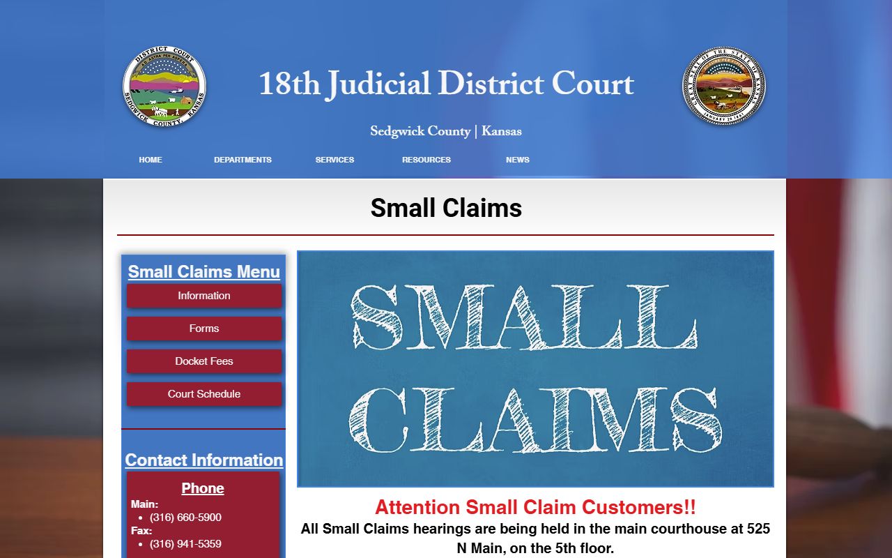 Sedgwick County District Court small claims page with limit and schedule