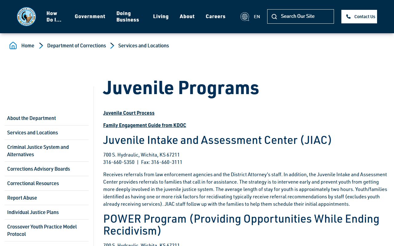 Sedgwick County juvenile services page with juvenile detention population data