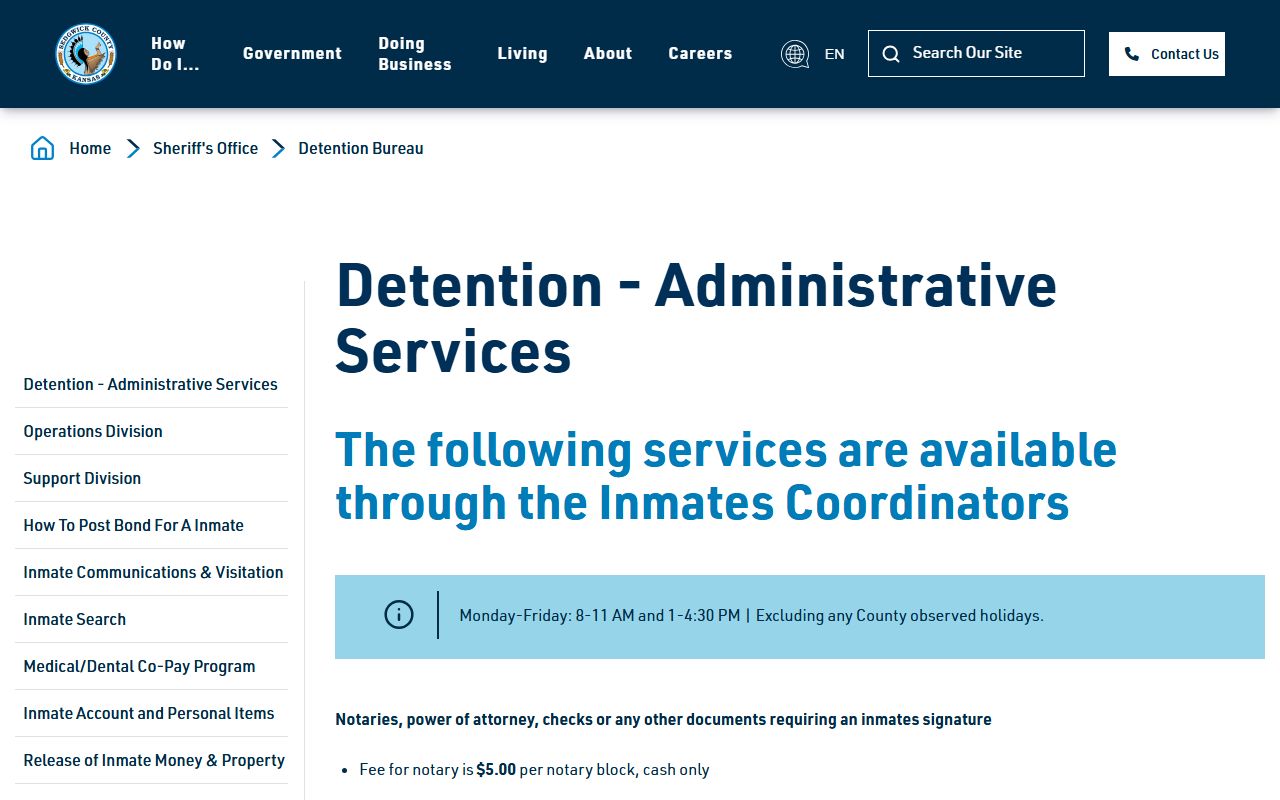 Sedgwick County detention administrative services tied to inmate population data