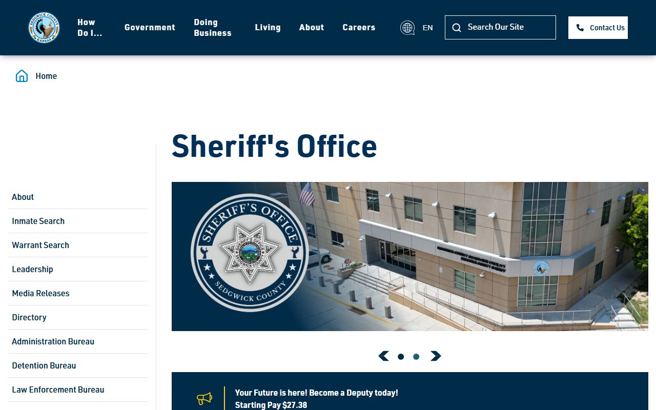 Sedgwick County Sheriff landing page linking inmate records and jail services