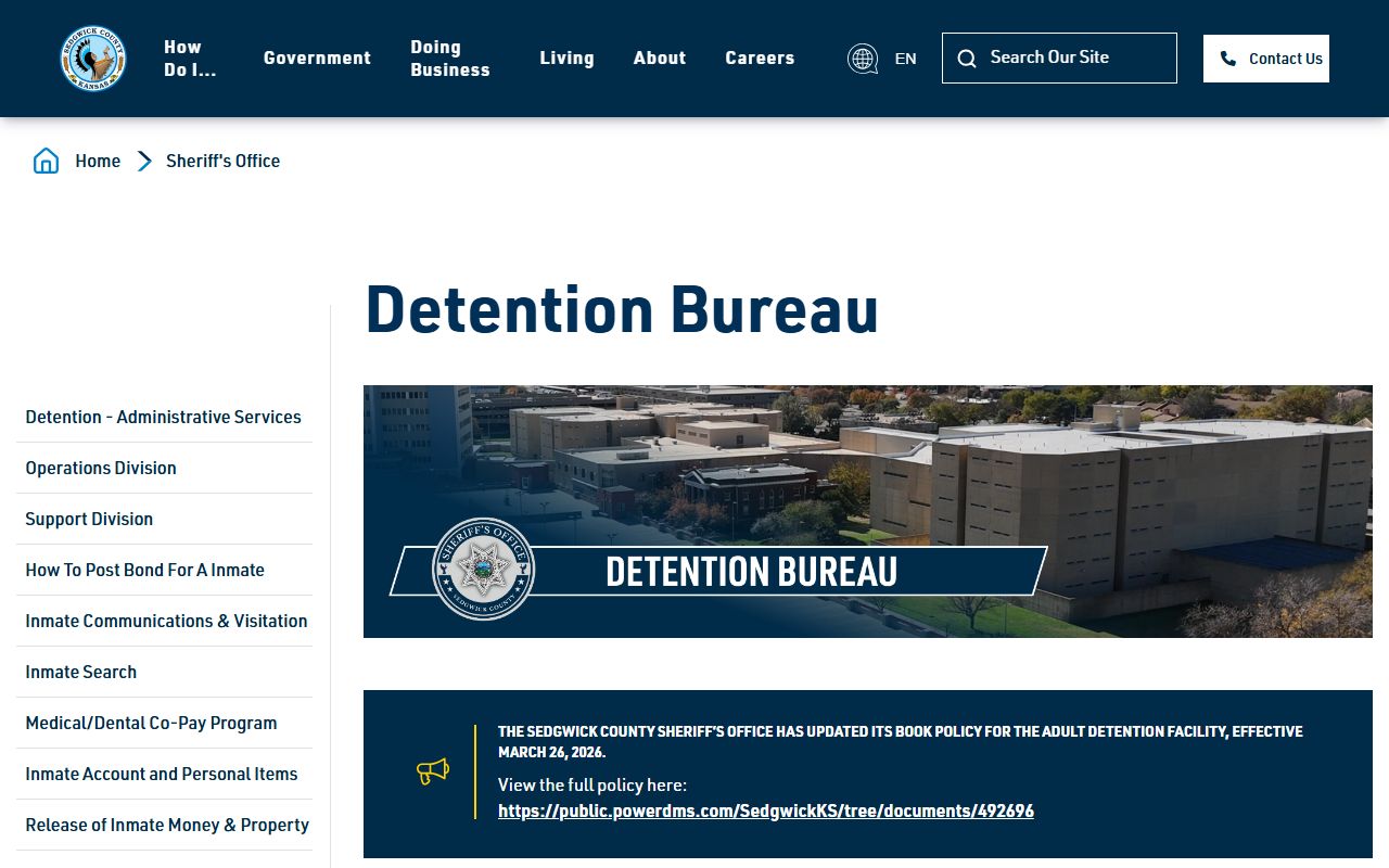 Sedgwick County Detention Bureau facility and division overview for inmate records