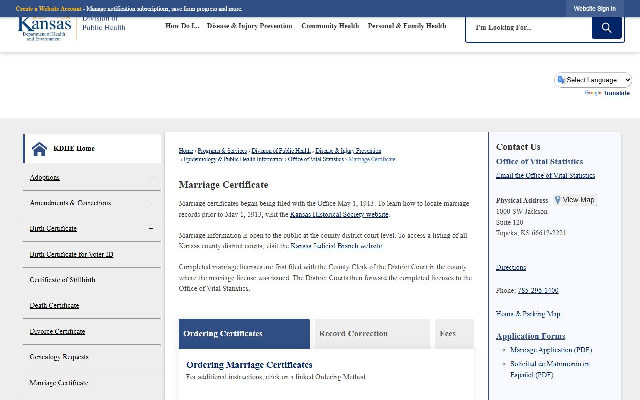 KDHE marriage certificate page for Sedgwick County marriage records