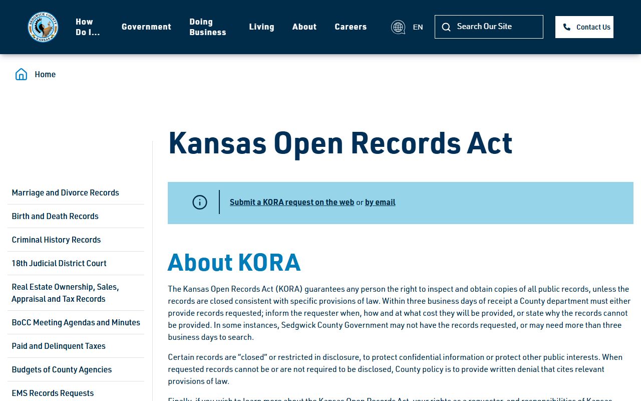 Sedgwick County KORA overview page for public records requests