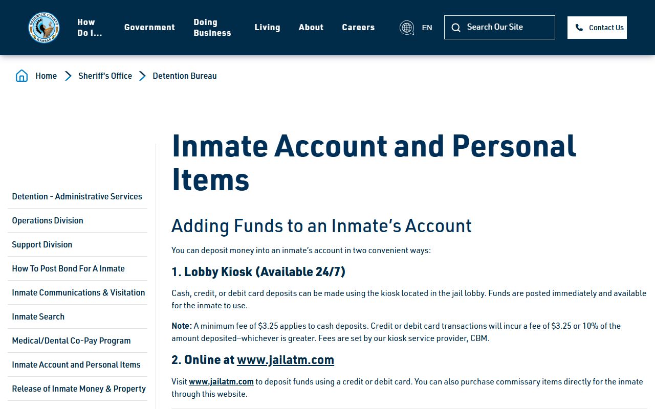 Sedgwick County inmate money and personal items policy for released inmates