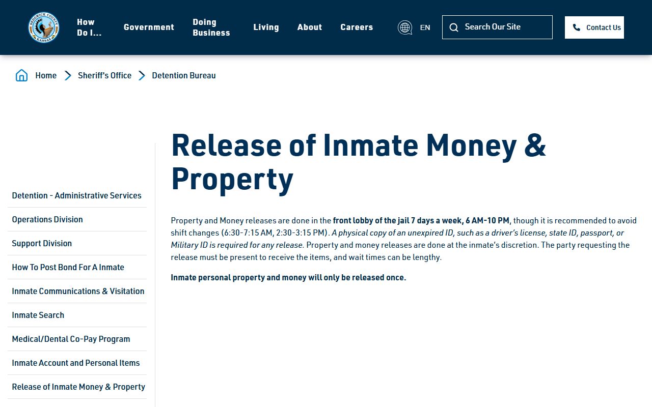 Sedgwick County release of inmate money and property page for released inmates