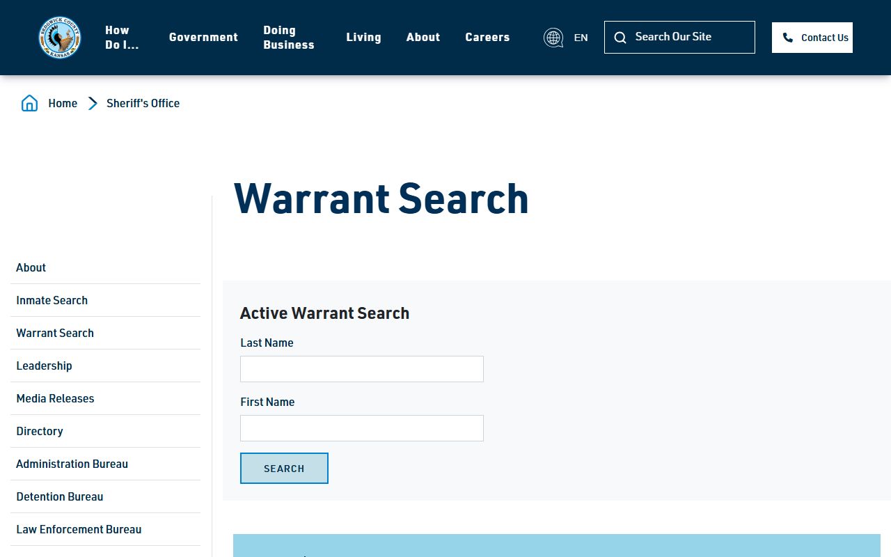Sedgwick County active warrant search form and disclaimer