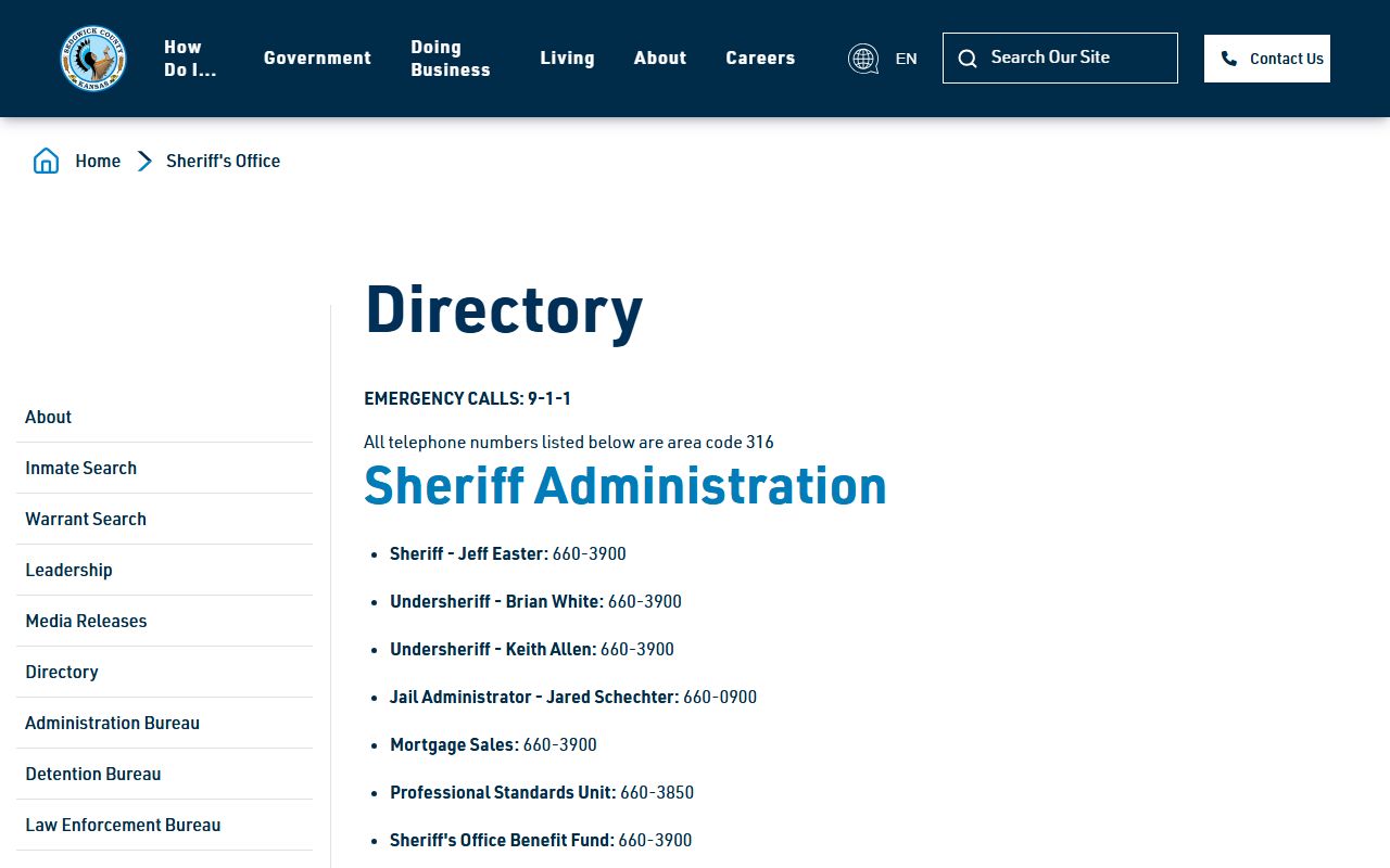 Sedgwick County Sheriff directory with warrant section contacts